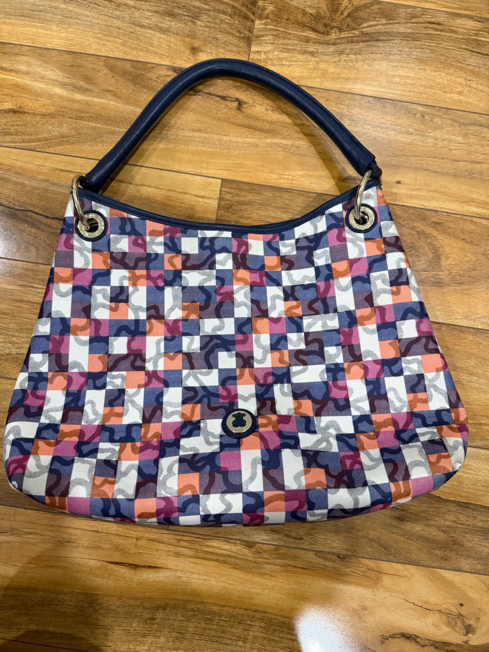 Tous Multicolor Geometric Print Messenger Bag with Navy Handle